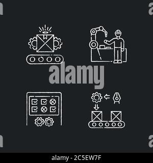 Les icônes blanches de craie de flux de production continu sont placées sur fond noir Illustration de Vecteur