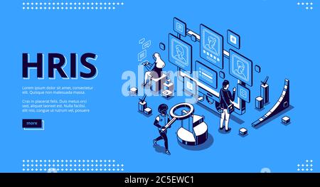 Page d'accueil isométrique HRIS. Ressources humaines système d'information TECHNOLOGIES DE L'INFORMATION et des RH, les personnes à plusieurs écrans avec logiciel pour les employés organisation et stocker des données 3d vecteur ligne art bannière Web Illustration de Vecteur
