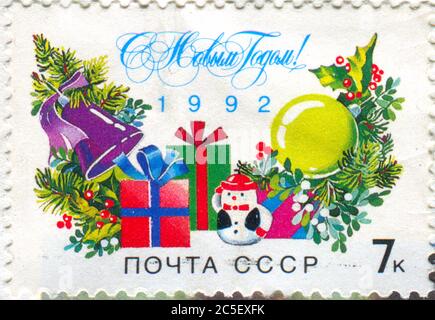 RUSSIE - VERS 1992 : timbre imprimé par la Russie, affiche noël, vers 1992. Banque D'Images