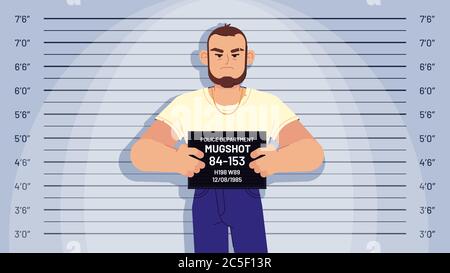 Caricature arrêtée gangster mugshot. Un criminel arrêté tient une carte d'identité, une photo au poste de police, un vecteur de profil suspect Illustration de Vecteur