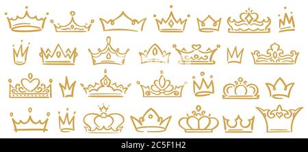 Couronnes d'esquisse dorées, snawn à la main des royales pour reine, princesse, vainqueur ou champion. Couronnes avec décoration Illustration de Vecteur