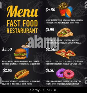 Menu de restauration rapide. Menu de prix de esquisse, restauration rapide ou bistrot. Hamburger et hot dog, encas et frites, pizza et beignets, modèle vectoriel Illustration de Vecteur