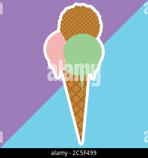 Cône de crème glacée aux deux saveurs de couleur verte et rose Égouttage et gaufrage Illustration de Vecteur