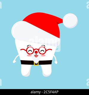 Chistmas mignon dent en costume de Père Noël - icône de chapeau rouge dans le style de dessin animé plat isolé sur fond blanc. Illustration de Vecteur