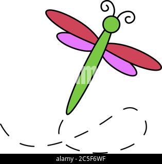 Illustration de la libellule volant ailes rouges et roses avec icône de vecteur isolé de dessin de corps vert Illustration de Vecteur