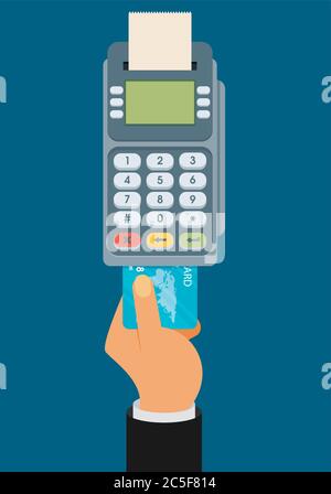 Pousser la main de la carte de crédit dans le terminal de pos. Style plat Illustration de Vecteur