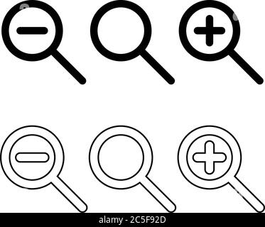Zoom avant, zoom arrière et jeu d'icônes de recherche loupe noire isolée illustration vectorielle bouton de redimensionnement pour l'application ou l'interface utilisateur Web Illustration de Vecteur