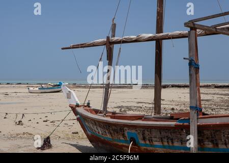 Al Ruwais, Al Shamal, plage et village de pêcheurs dans le nord du Qatar. Pêche traditionnelle Dhow bateaux. Banque D'Images