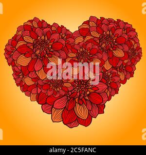 Coeur fleuri fait de fleurs de dahlia dessinées à la main. Élément de design pour les mariages... Illustration vectorielle. Illustration de Vecteur