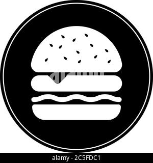 Hamburger icône hamburger hamburger noir avec illustration vectorielle de pain cadre rond plat Illustration de Vecteur