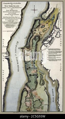 'Une carte topographique de la partie nord de l'île de New York, montrant le plan de fort Washington...' La carte montre les sites importants et les sites de la guerre d'indépendance. Il s'agit d'une reproduction de carte historique très détaillée. Original par le célèbre cartographe britannique William Faden. Il a été créé pour refléter les conditions vers 1777. Banque D'Images