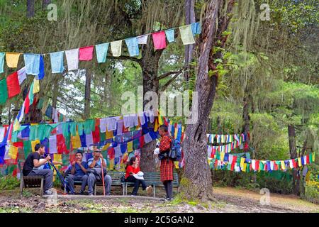 Arrêt de repos sur le sentier de randonnée jusqu'à Paro Takstang (monastère de Tiger Nest) Banque D'Images