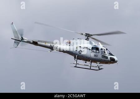Hélicoptère AS-350B de la Marine royale australienne au départ de HMAS Albartun. Banque D'Images