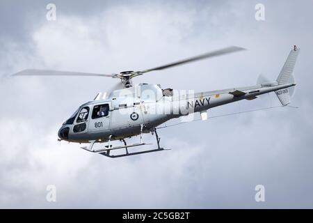 Hélicoptère AS-350B de la Marine royale australienne au départ de HMAS Albartun. Banque D'Images