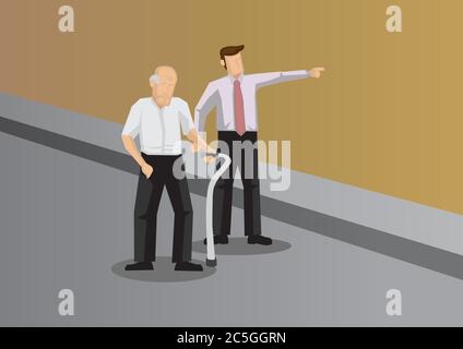 Gentil jeune homme montrant le chemin aux personnes âgées avec l'aide à la marche. Illustration vectorielle pour le concept d'aide et de gentillesse. Illustration de Vecteur