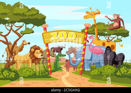 Porte d'entrée du zoo affiche de dessin animé avec girafe d'éléphant lion animaux safari et visiteurs sur le territoire illustration vectorielle, style de dessin animé, isolé Illustration de Vecteur