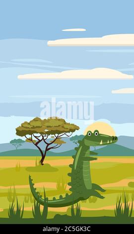 Crocodile mignon style de dessin animé en arrière-plan savane Afrique, isolé, vecteur Illustration de Vecteur