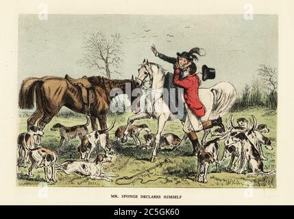 Huntsman dans des pinks de chasse embrassant une femme sur un cheval, 19e siècle. M. Sponge propose le mariage à Lucy lors d'une chasse au renard. Le paquet de renards a perdu l'odeur. M. Sponge se déclare. Gravure en acier à la main, d’après une illustration de John Leech, de la tournée sportive de Robert Smith Surtees, de M. Sponge, Bradbury et Evans, Londres, 1853. Banque D'Images