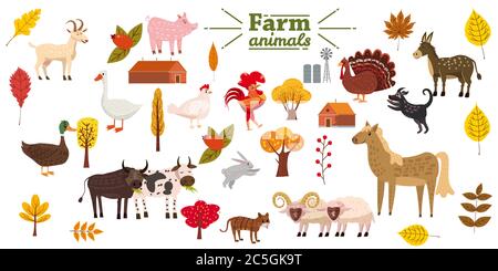 Grand ensemble d'animaux de ferme, porc, lapin, vache, taureau, chat, chien, oie, canard, dinde, âne, chèvre, mouton, bélier, arbres et feuilles modernes stylisés, automne Illustration de Vecteur