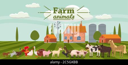 Animaux de ferme et oiseaux dans un style tendance mignon, y compris cheval, vache, âne, mouton, chèvre, porc, lapin, canard, oie, dinde, coq, bélier, chien, chat Illustration de Vecteur