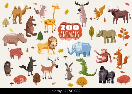 Grand ensemble de vecteurs de dessins animés d'animaux sauvages. Prédateurs et espèces herbivores d'Afrique, d'Australie, d'Asie, d'Amérique du Sud et du Nord. Style dessin animé Illustration de Vecteur