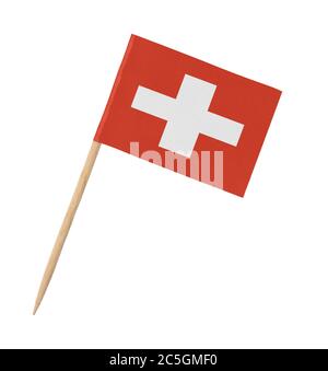 Petit drapeau de la Suisse sur bâton de bois, isolé sur blanc Banque D'Images