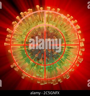 illustration du rendu 3d d'un modèle de coronavirus avec viseur sur le dessus. Trouver la guérison ou lutter avec le concept de patogène Banque D'Images