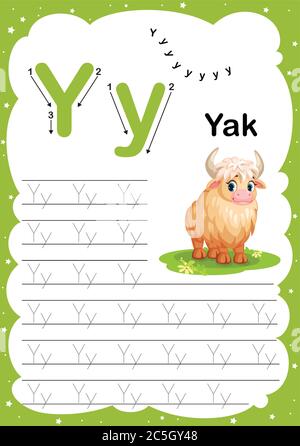 Lettre y en majuscules et minuscules de COULEUR ALPHABET A-Z, traçage et écriture quotidien imprimable feuille de travail de pratique A4 avec de jolis animaux de dessin - vecteur i Illustration de Vecteur