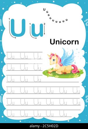 Lettre U colorée lettre U majuscule et minuscule lettre u, traçage et écriture quotidien imprimable feuille de travail de pratique A4 avec de jolis animaux de dessin animé - vecteur malade Illustration de Vecteur