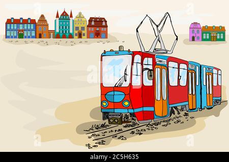 Bannière de la vieille ville avec tram. Affiche rétro en tramway avec scène de la vieille ville et tramway historique. Bannière de voyage pour publicité.Illustration vectorielle de stock Illustration de Vecteur