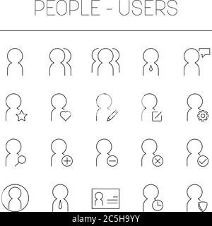 Personnes, utilisateurs et groupe de personnes. Jeu d'icônes de vecteur simple à lignes fines. Illustration de Vecteur