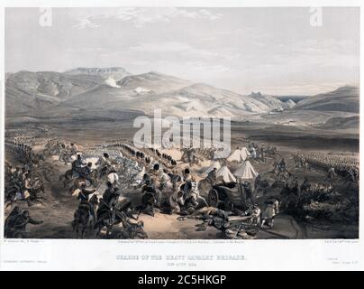 BATAILLE DE BALACLAVA 25 OCTOBRE 1854. La charge de la Brigade lourde britannique dans la vallée du Sud comprenant les 6e (Innisking) Dragoons et les 5e Dragoon Guards Banque D'Images