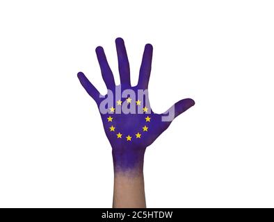 Concept de l'UE. Drapeau de l'Union européenne peint sur une paume ouverte sur fond blanc Banque D'Images