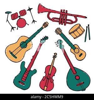 Un ensemble d'instruments de musique dessinés à la main. Doodle éléments de guitare, guitare électrique, ukulele, trompette, maracas, domra, violon. Vecteur Illustration de Vecteur