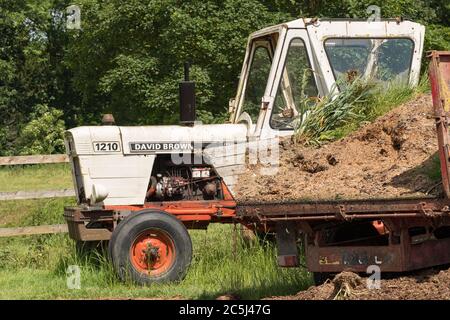 Vue détaillée d'un vieux tracteur diesel David Brown vu à côté d'un enclos à cheval dans un jardin de livery. Banque D'Images