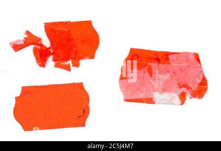 jeu d'autocollants de prix adhésifs vierges, étiquettes de prix multicolores, avec espace de copie gratuit, isolés sur fond blanc Banque D'Images