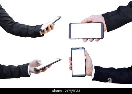 Collection main d'homme d'affaires tenant un smartphone à écran vierge, isolé sur fond blanc avec chemin de coupure. Banque D'Images
