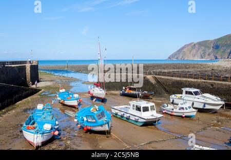 Des bateaux amarrés dans le port de Lynmouth à marée basse sur la côte du Devon du Nord. Banque D'Images