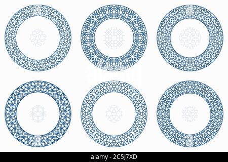 Ensemble de motifs ronds géométriques arabes. Bordures, cadres. Illustration vectorielle d'éléments décoratifs islamiques ronds avec des formes sans couture Illustration de Vecteur