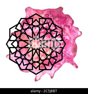 Élément géométrique arrondi Arabesque avec éclaboussures d'aquarelle. Design Mandala Banque D'Images