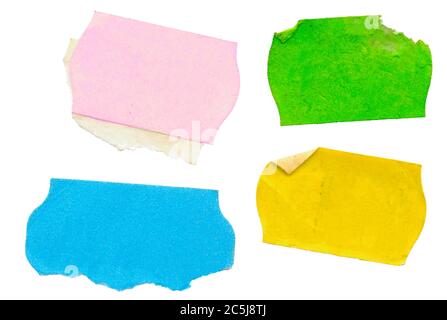 jeu d'autocollants de prix adhésifs vierges, étiquettes de prix multicolores, avec espace de copie gratuit, isolés sur fond blanc Banque D'Images