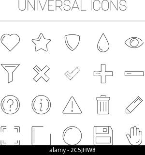 Jeu de symboles universels - icônes de base. Jeu d'icônes de vecteur simple à lignes fines. Illustration de Vecteur