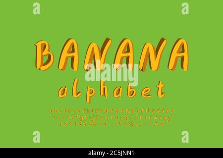 Alphabet moderne couleur jaune banane. Caractères de lettrage, polices de pinceau, majuscules et minuscules, chiffres. Illustration vectorielle. Illustration de Vecteur