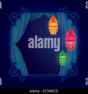 Illustration de la suspension de Kandil sur le fond de Happy Diwali Holiday pour le festival de lumière de l'Inde, avec le design de rideau et de cadre. Illustration de Vecteur