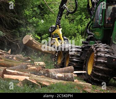 Machine forestière au travail dans les Chiltern Hills en Angleterre Banque D'Images