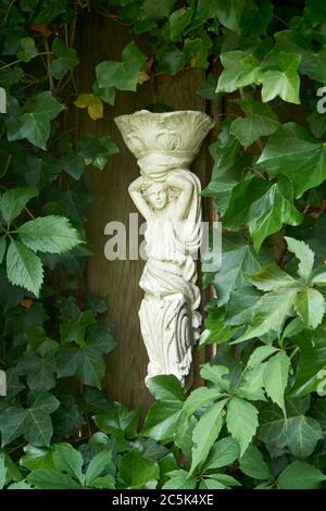 Figure en céramique de style classique blanc d'une jeune femme entourée de feuilles de lierre verte servant de décoration dans un jardin Banque D'Images