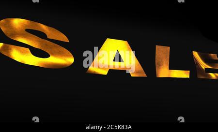Réductions et ventes, un drapeau noir volant dans le vent avec une vente d'inscription d'or. Publicité pour des réductions pour de meilleurs achats, Gold sur noir. Banque D'Images