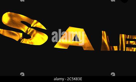 Réductions et ventes, un drapeau noir volant dans le vent avec une vente d'inscription d'or. Publicité pour des réductions pour de meilleurs achats, Gold sur noir. Banque D'Images