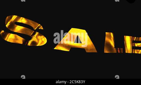 Réductions et ventes, un drapeau noir volant dans le vent avec une vente d'inscription d'or. Publicité pour des réductions pour de meilleurs achats, Gold sur noir. Banque D'Images