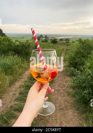 Femelle méconnaissable portant un verre de cocktail avec des fruits et de la paille le soir dans la nature Banque D'Images